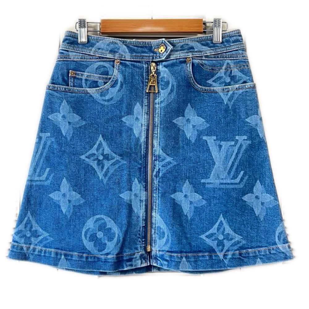 Authentic Louis Vuitton Blue Monogram Denim Skirt
